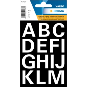 HERMA 4169, A4 Itsekiinnittyvät Valkoiset Aakkostarrat, 25 mm Korkeus, 2 Arkkia, 30 Kirjainta Tarraa