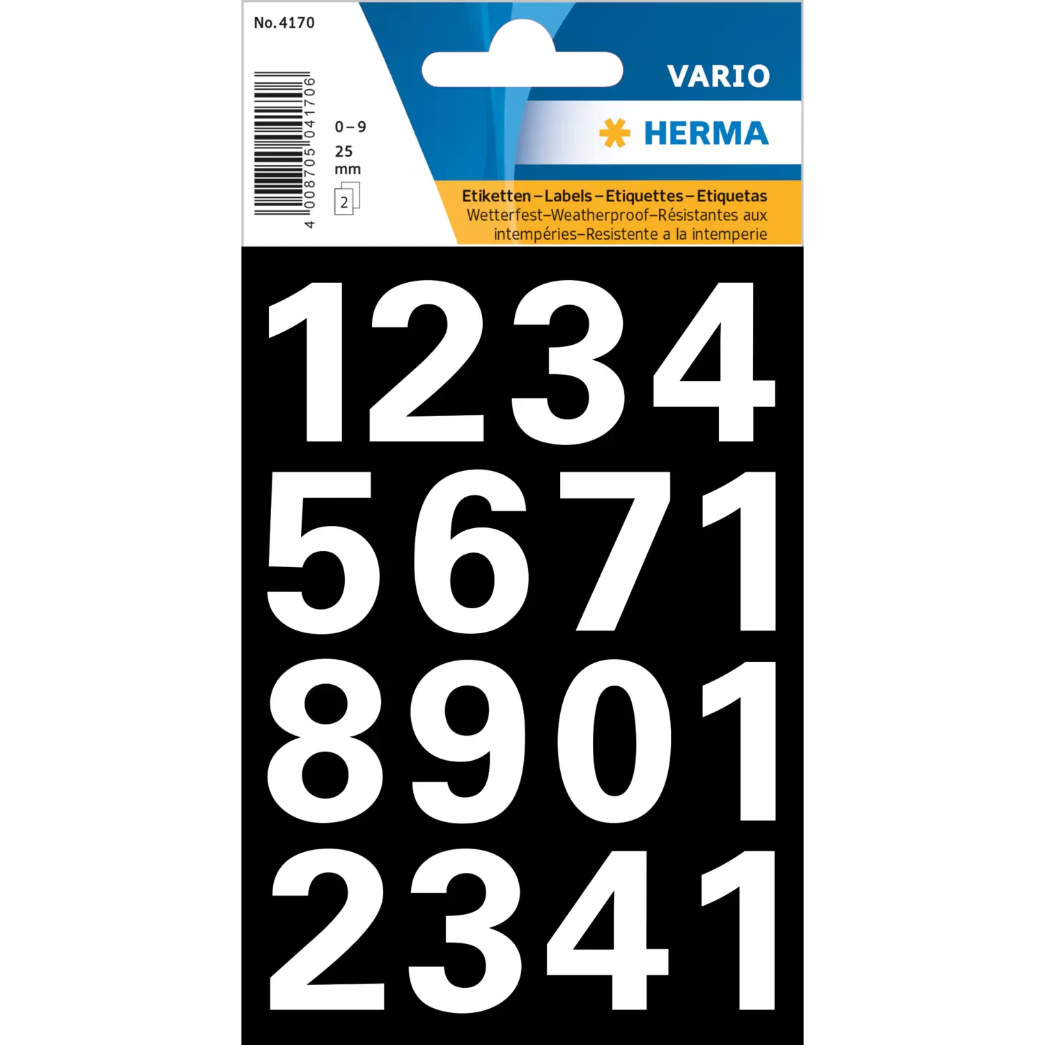 HERMA 4170, A4 Valkoinen Itseliimautuva Numerotarra, 25 mm Korkeus, 64 tarraa / 2 arkkia
