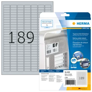 HERMA 4220, Mattapintaiset Hopeiset Typenschild-Etiketit, 25,4 x 10 mm, 4725 tarraa / 25 arkkia