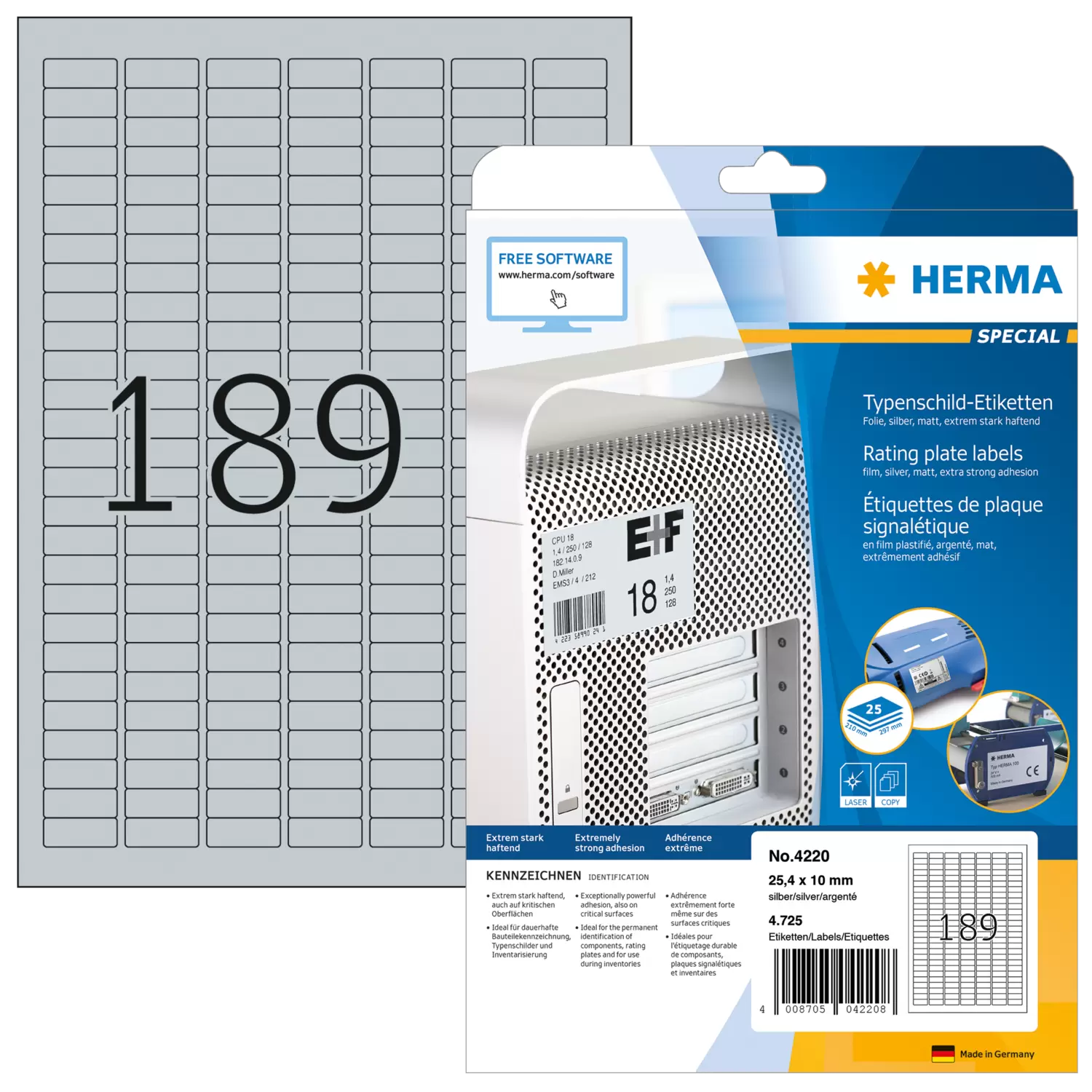 HERMA 4220, Mattapintaiset Hopeiset Typenschild-Etiketit, 25,4 x 10 mm, 4725 tarraa / 25 arkkia