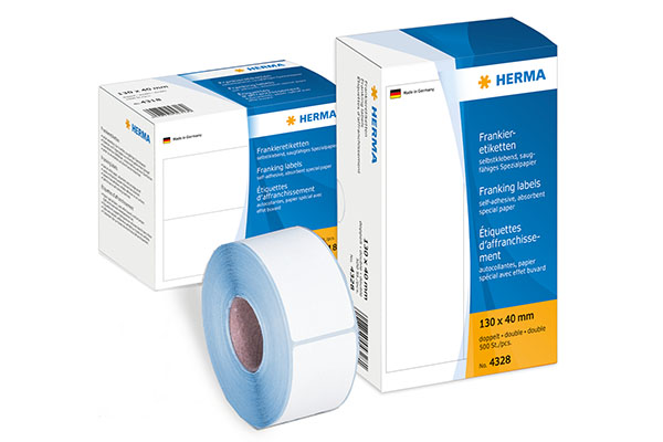 HERMA 4328, Suorakulmainen Valkoinen Itsekiinnittyvä Tarra 130 x 40 mm, 500 tarraa / 250 arkkia