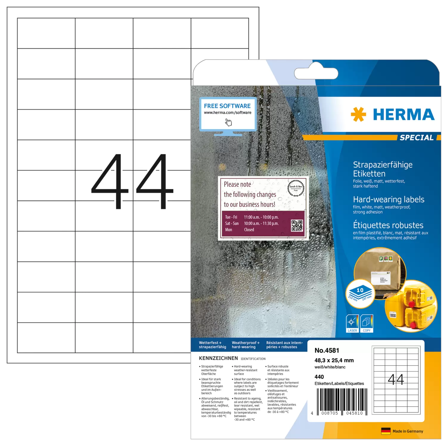 HERMA 4581, A4 Valkoinen Mattapinta Itseliimautuva Tarra 48,3 x 25,4 mm, 440 tarraa / 10 arkkia