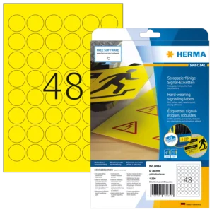 HERMA 8034, Pyöreä Kirkas Keltainen A4-tarra Ø 30 mm, 1200 tarraa / 25 arkkia