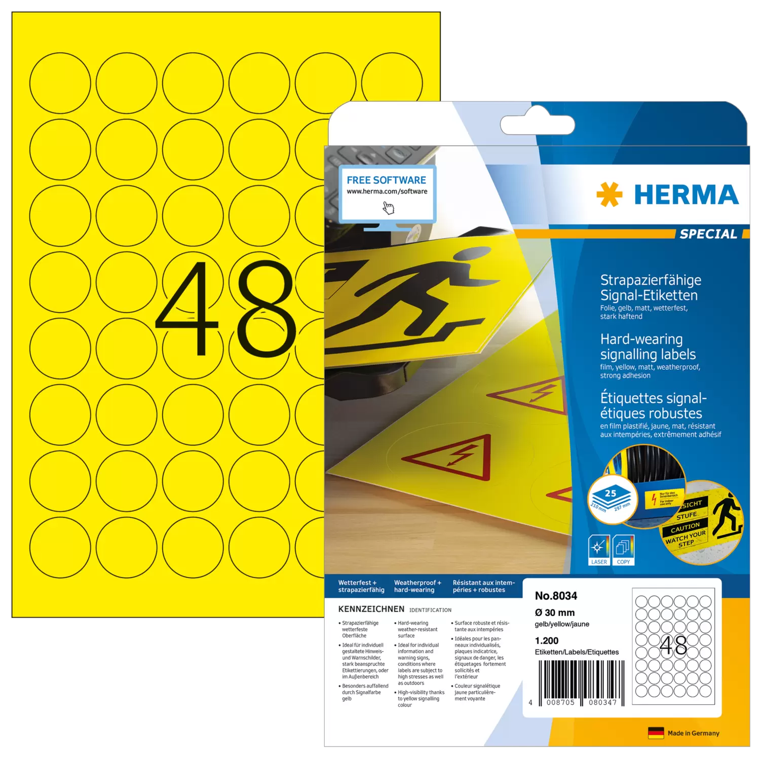 HERMA 8034, Pyöreä Kirkas Keltainen A4-tarra Ø 30 mm, 1200 tarraa / 25 arkkia