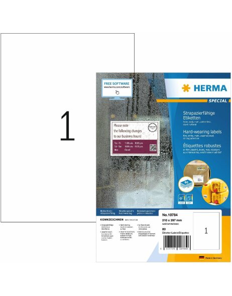 HERMA 10784, Valkoinen Mattapintainen Säänkestävä Kalvotarra 210 x 297 mm, 80 tarraa / 80 arkkia