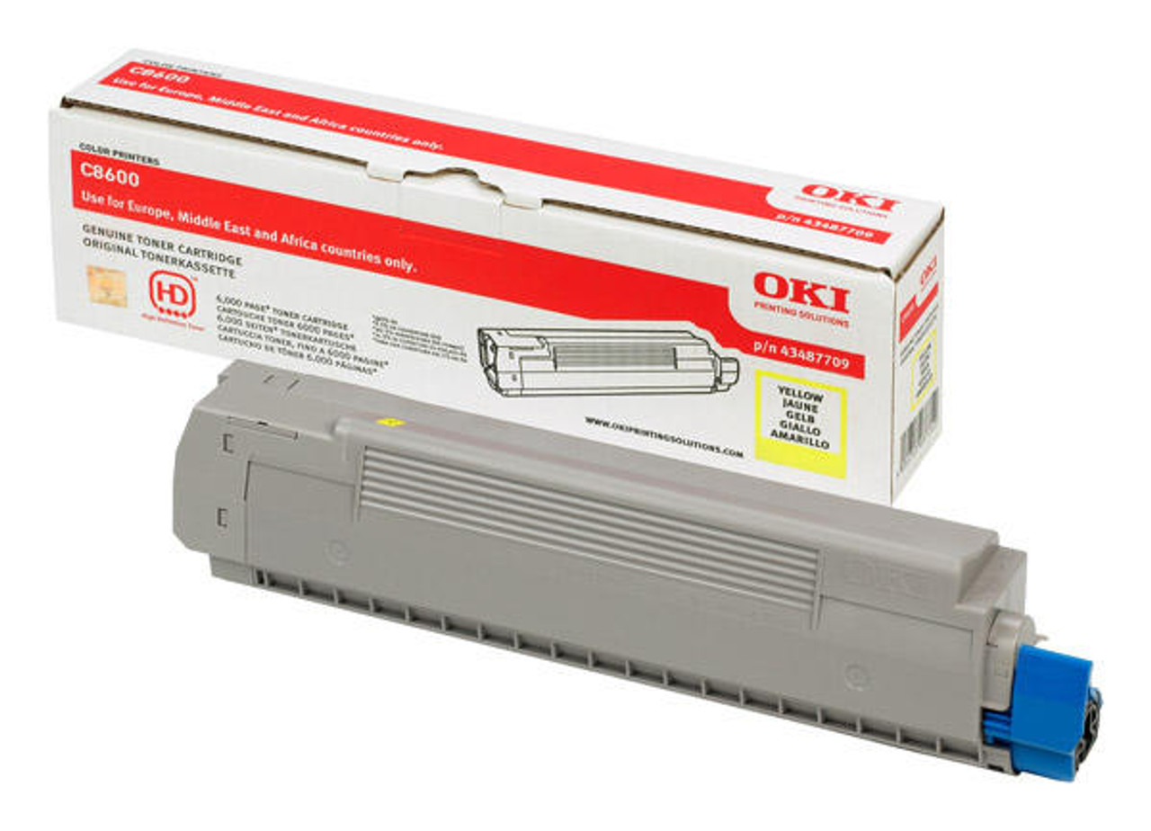 OKI 43487709 alkuperäinen keltainen värikasetti C8600/C8800-sarjaan, valmistajan tuotekuva