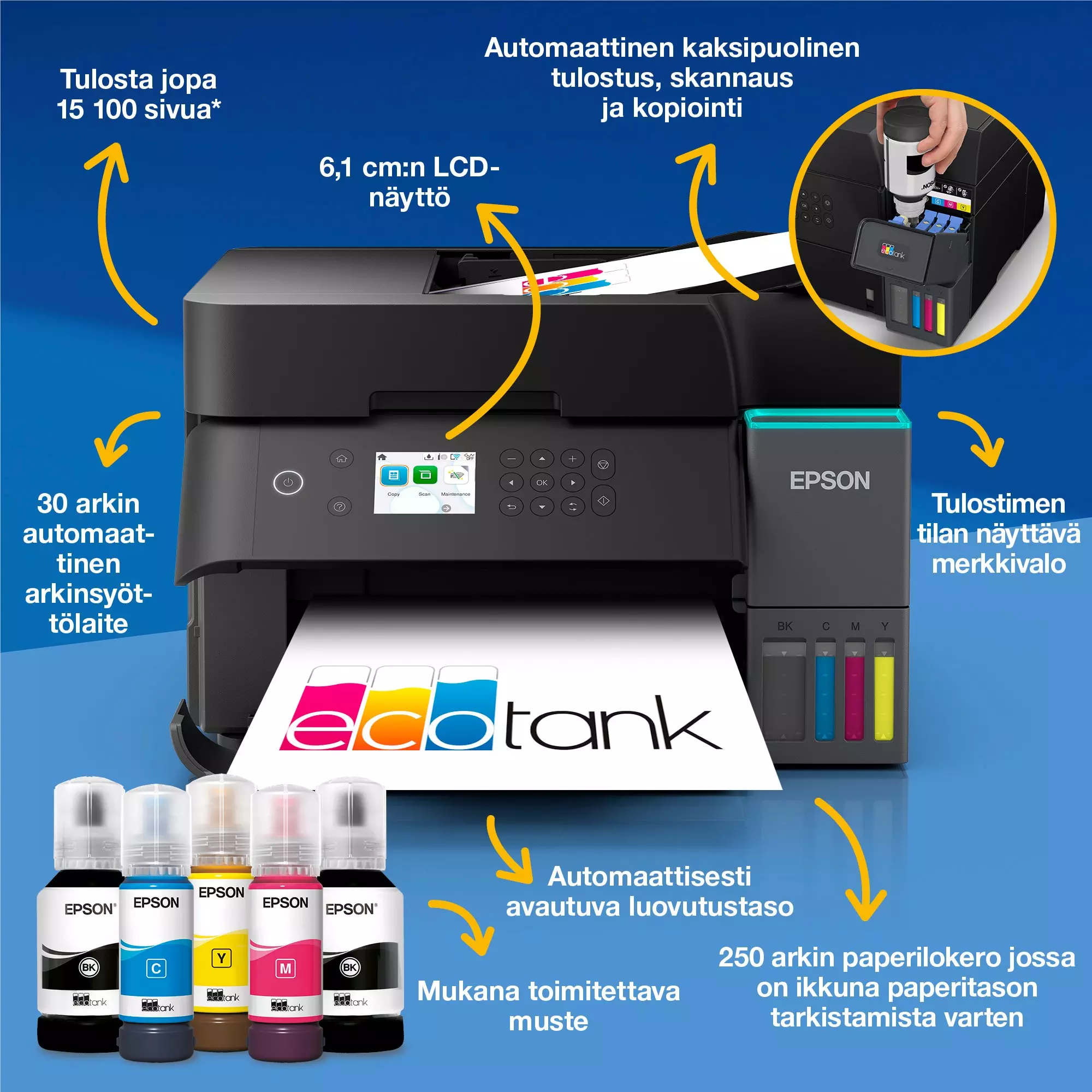 EPSON C11CL43402, EcoTank ET-3950 Ink MFP A4 18ppm, ISO USB WLAN Wi-Fi, monitoimitulostin, - Image 6