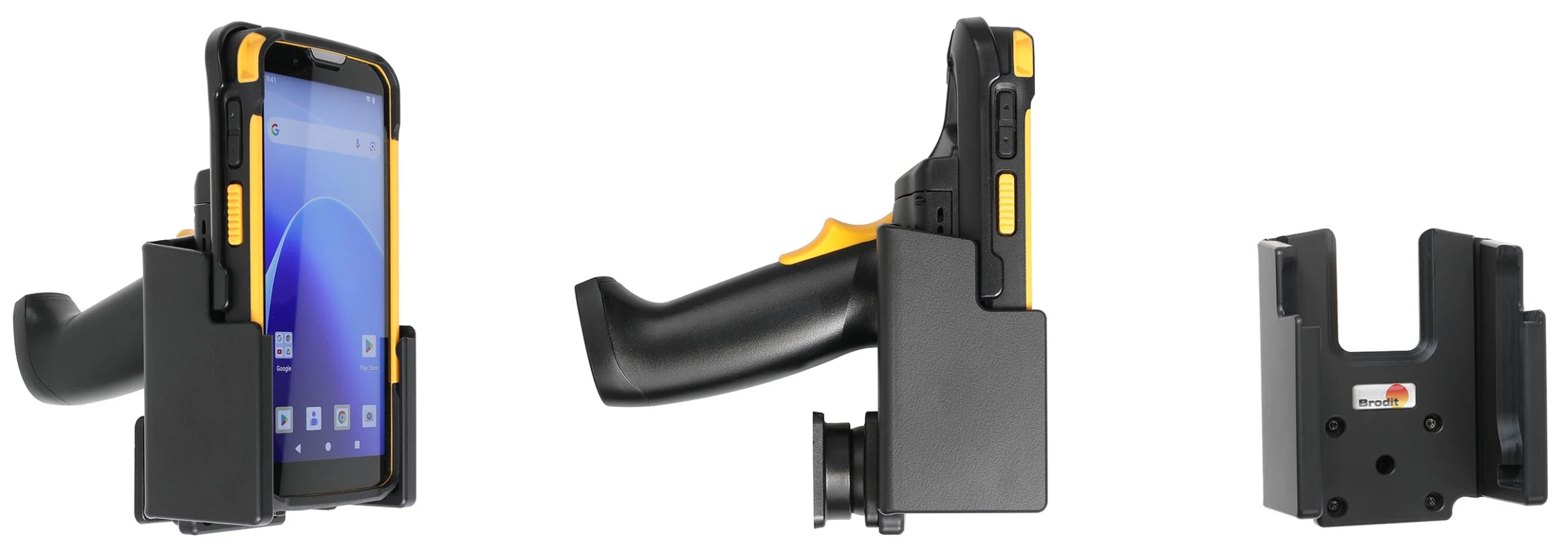 Brodit 711440 – Passiivinen ajoneuvoteline pallonivelellä CipherLab RS38 -mobiilipäätteelle, Rubber Boot + Pistol Grip
