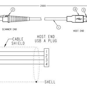 Datalogic 90A051945 CAB-426 USB-A-kaapeli, valmistajan tekninen piirros ja kytkentäkaavio