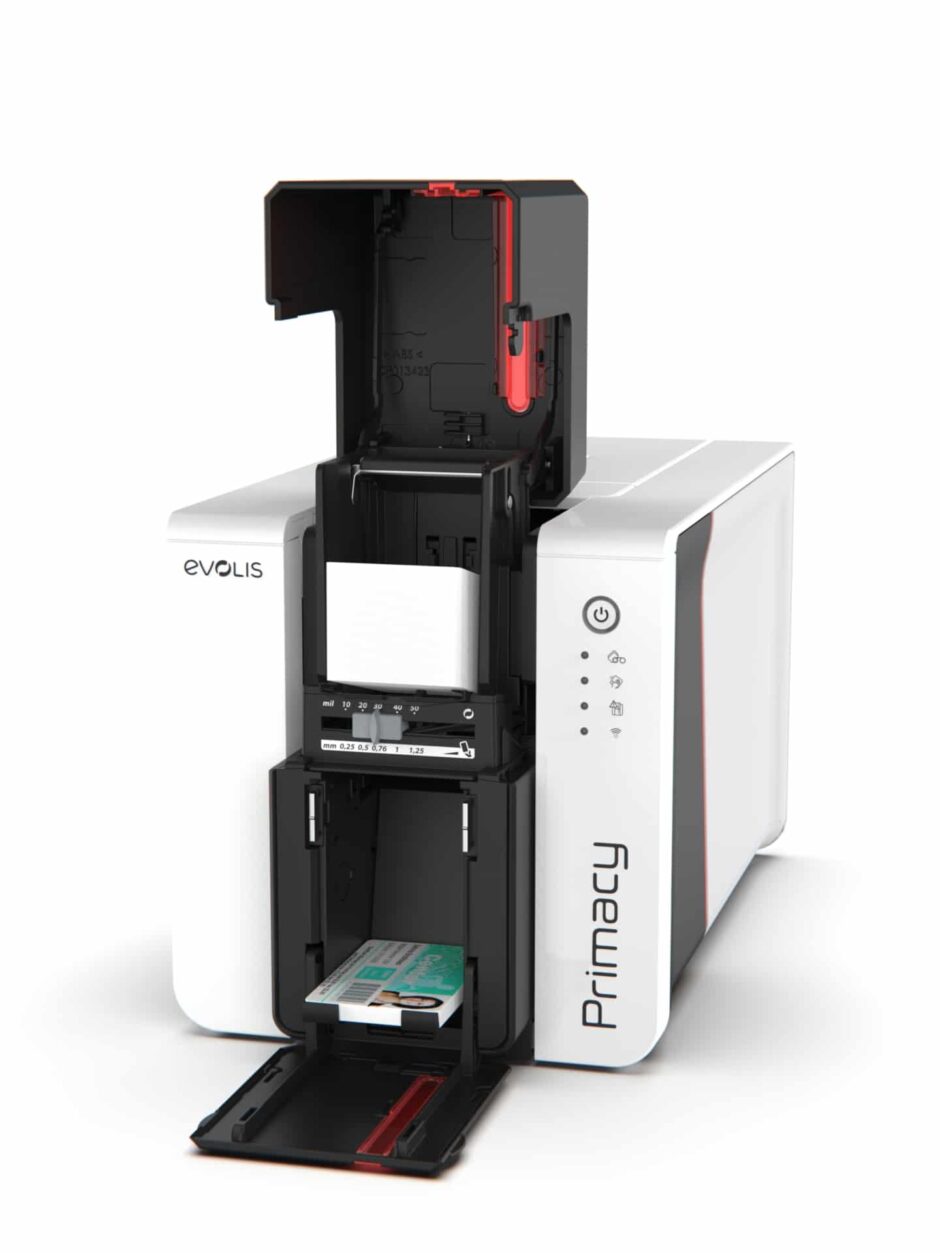 Evolis PM2-0025-E – Primacy 2 -korttitulostimen LED-versio, korttilokerot avoinna