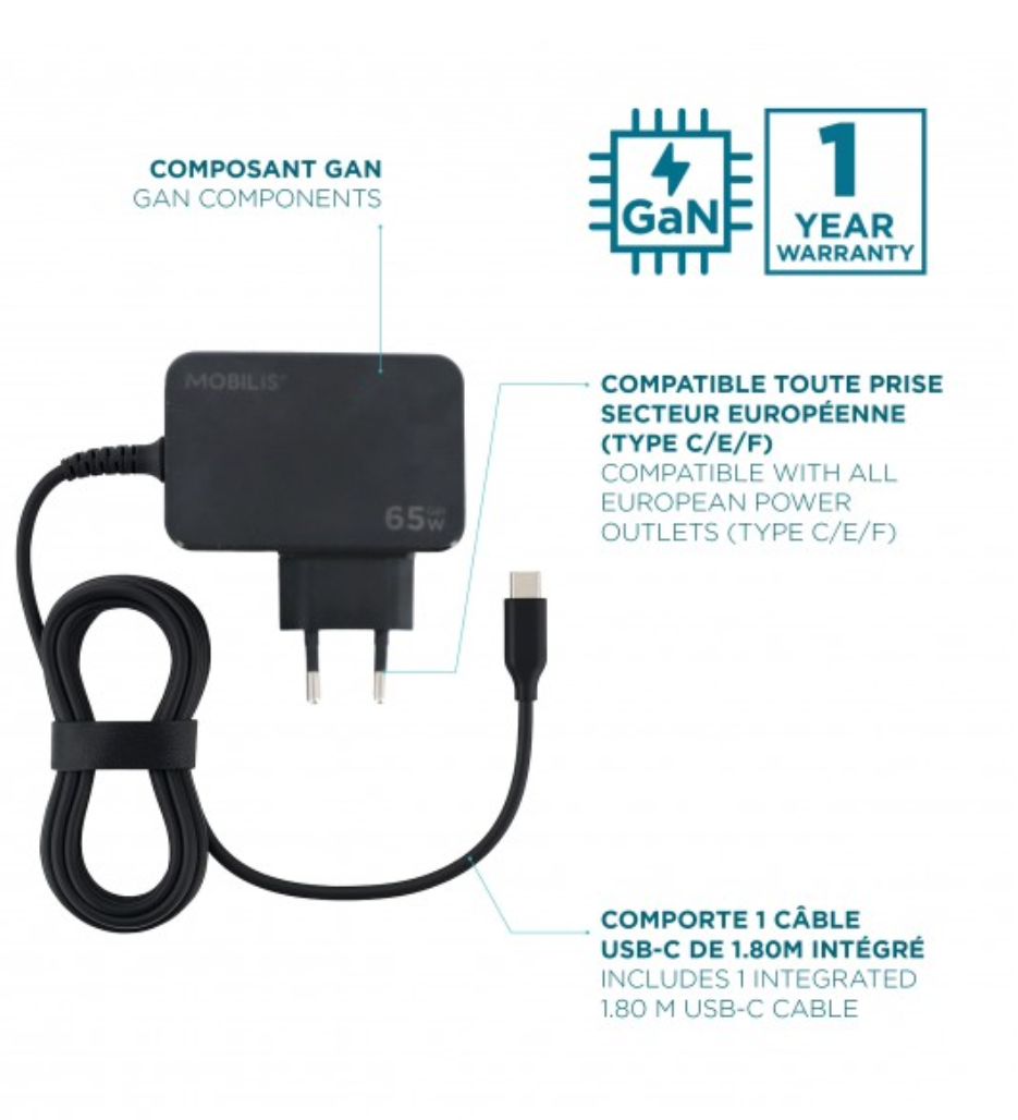 Mobilis Case 020015 - Energia Charger - 65W USB-C Laptop Charger with Integrated 1.8m Cable - Soft bag - Image 3