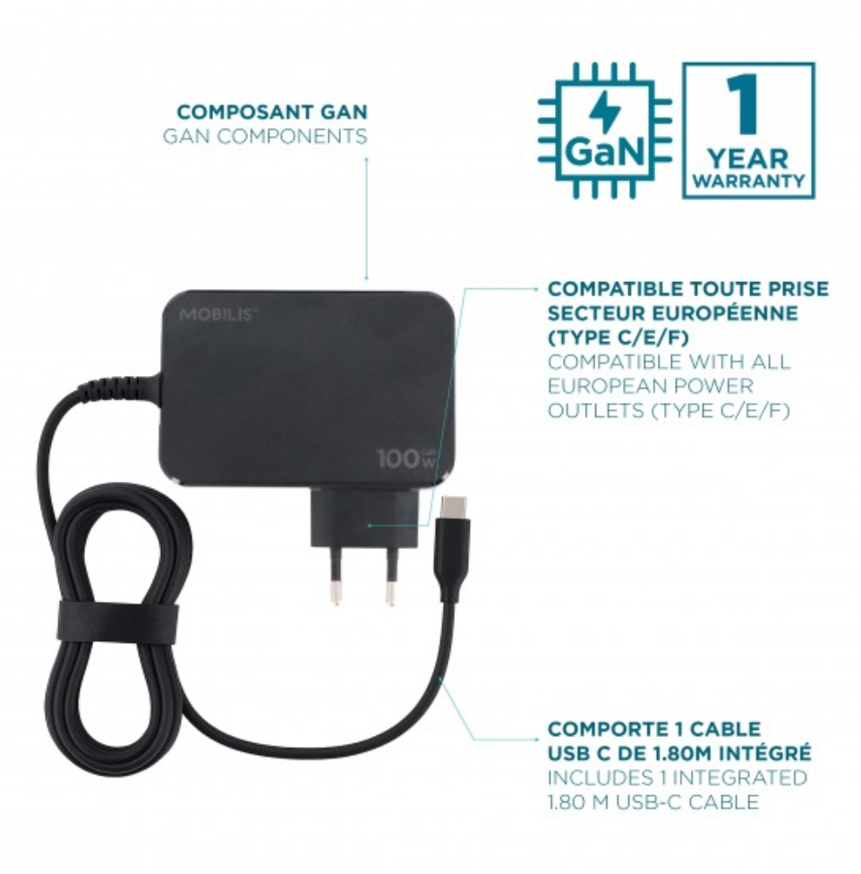 Mobilis Case 020023 - Energia Charger - 100W USB-C Laptop Charger with Integrated 1.8m Cable - Image 3