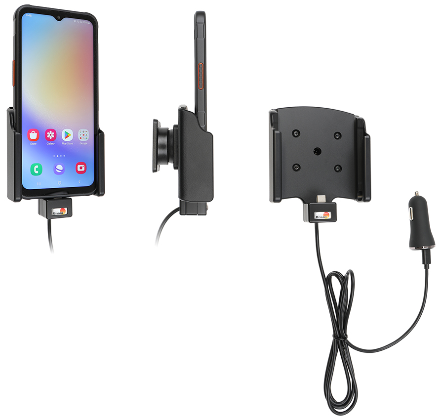 Brodit 721380 - Device holder for smartphones, Samsung Galaxy Xcover 7. With USB Type-C + cig-plug adapter with 2 USB ports: Type-A and Type-C