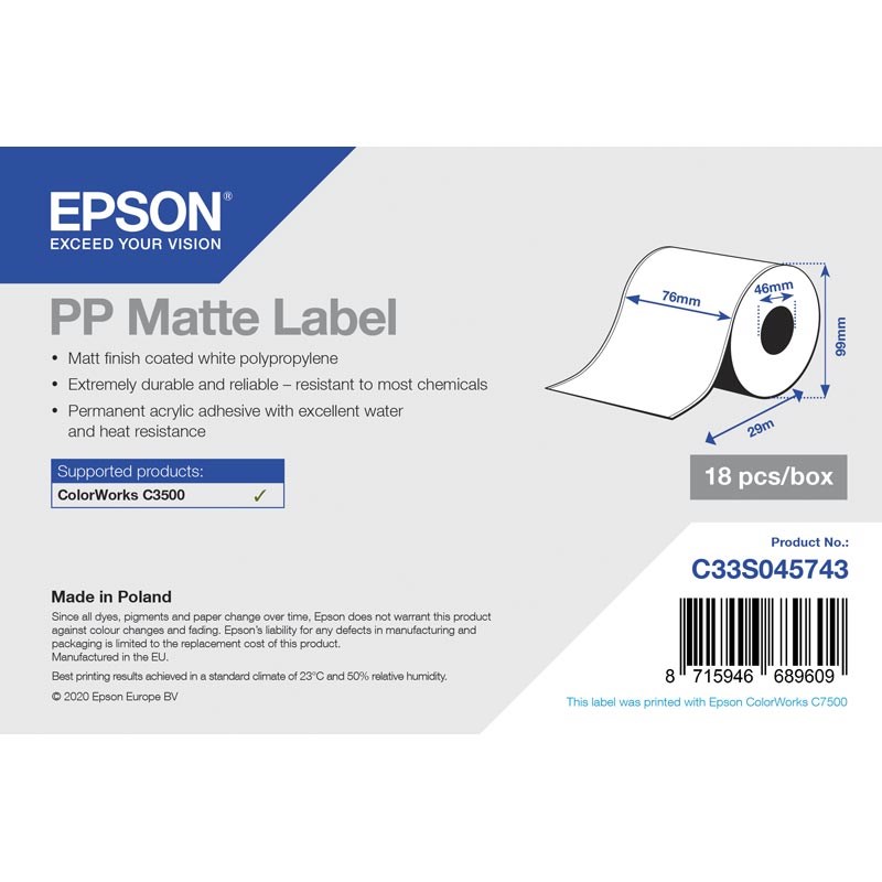Epson C33S045743 - 76 mm X 29 m, PP Matte Label C3500, Continuous Roll,