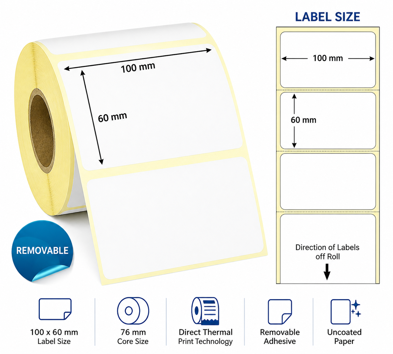 Zebra 3020005 - LABEL, PAPER, 100 X 60 mm, DIRECT THERMAL, Z-PERFORM 1000D REMOVABLE