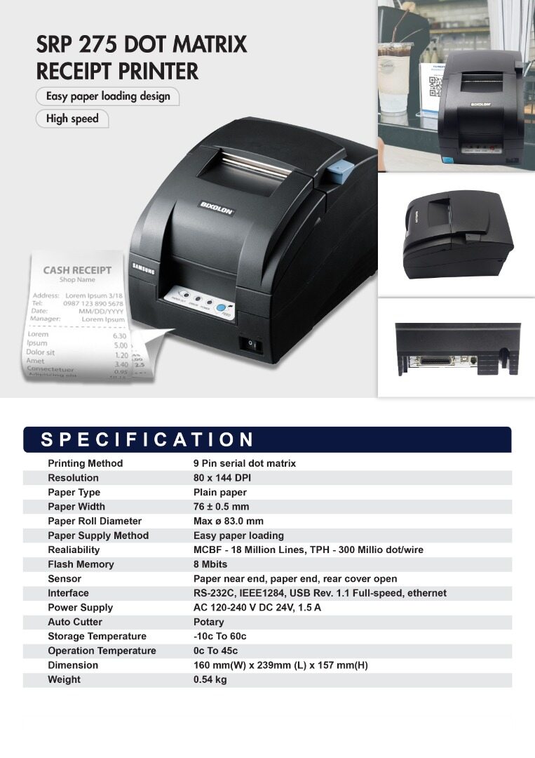 Bixolon SRP-275IIIV2AOSG/BEG -Bixolon SRP-275IIIV2AOSG/BEG -SRP-275III, receipt printer, dot-matrix printing, media width (max.): 76 mm, print width (max.): 63mm, roll diameter (max.): 83mm, speed (max.): 5lps, USB (type B), RS232 (25 pin), drawer kickout, BXL/POS, incl.: power supply unit, power cable, receipt roll, colour: black, USB, RS232, black - Image 4