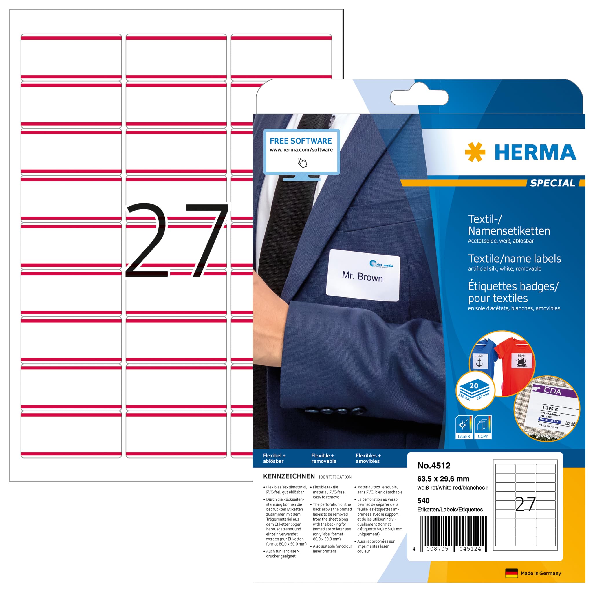 HERMA 4512, - 63,5 x 29,6 white/red (540) name/textile label removable
