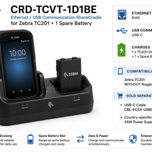 Zebra CRD-TCVT-1D1BE – Ethernet / USB Communication ShareCradle yhdelle Zebra TC201 -mobiilipäätteelle ja yhdelle vara-akulle (ilman Rugged Boot -suojakuorta)