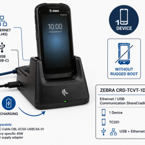 Zebra CRD-TCVT-1DE – Ethernet / USB Communication ShareCradle yhdelle Zebra TC201 -mobiilipäätteelle (ilman Rugged Boot -suojakuorta)