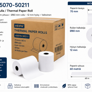 Heipa 45070-50211 – 70 mm × 60 m, kuittipaperi - lämpöpaperirulla, Ø80 mm, 12 mm hylsy, valkoinen, 50 rullaa / laatikko