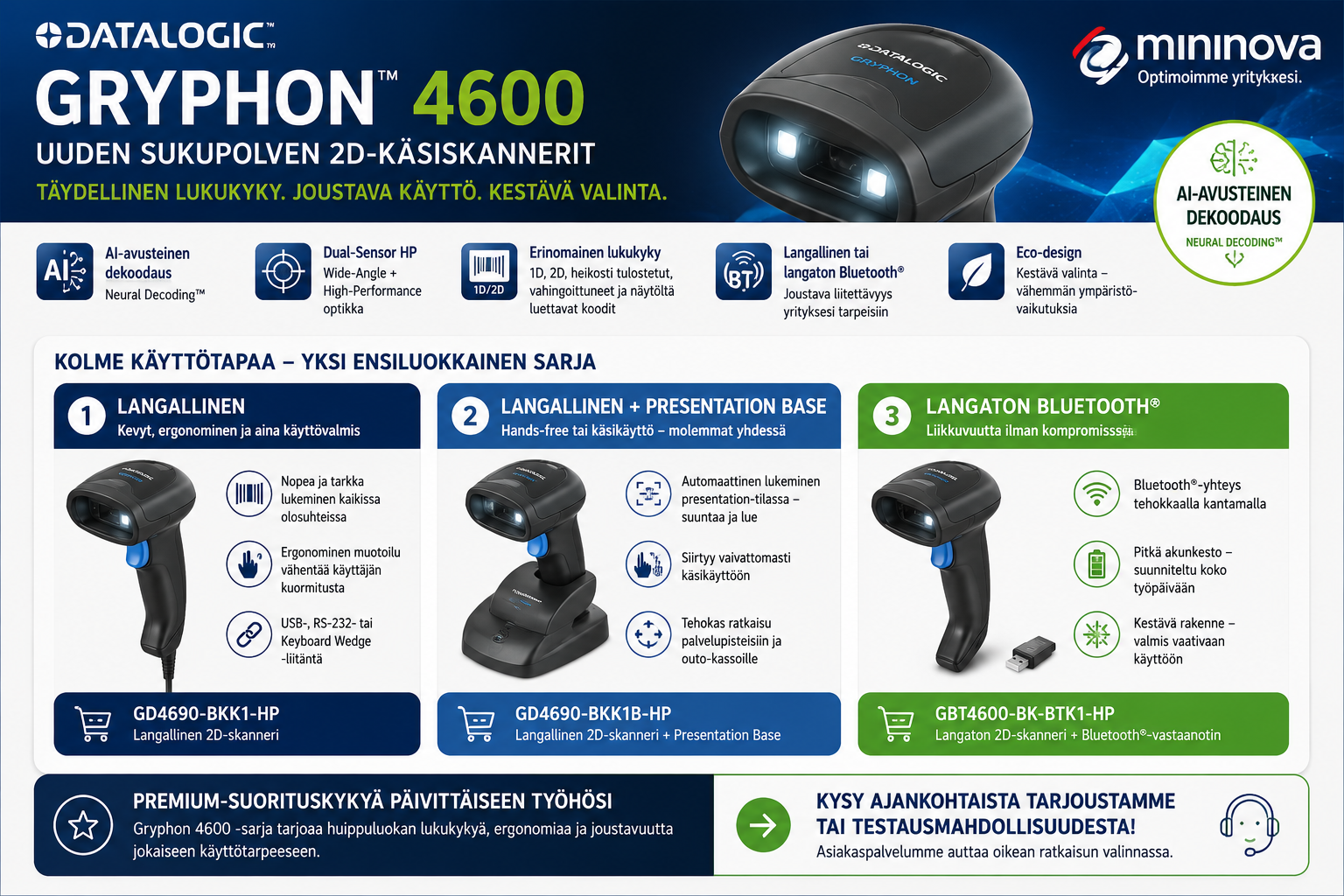 Datalogic Gryphon 4600 -viivakoodiskannerit – langallinen, Presentation Base ja langaton Bluetooth