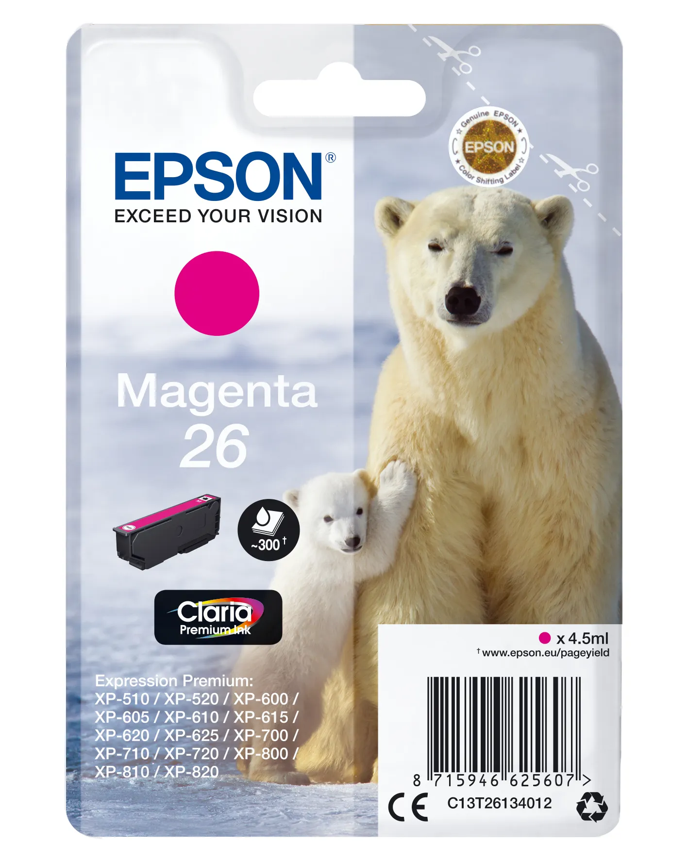 Epson C13T26134022 – 26 Polar Bear Claria Premium Magenta 4,5 ml -mustepatruuna