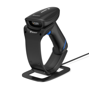 Newland NLS-HR3300-V2-SA, musta HR33 Marlin AI -viivakoodiskanneri säädettävässä Smartstand-jalustassa