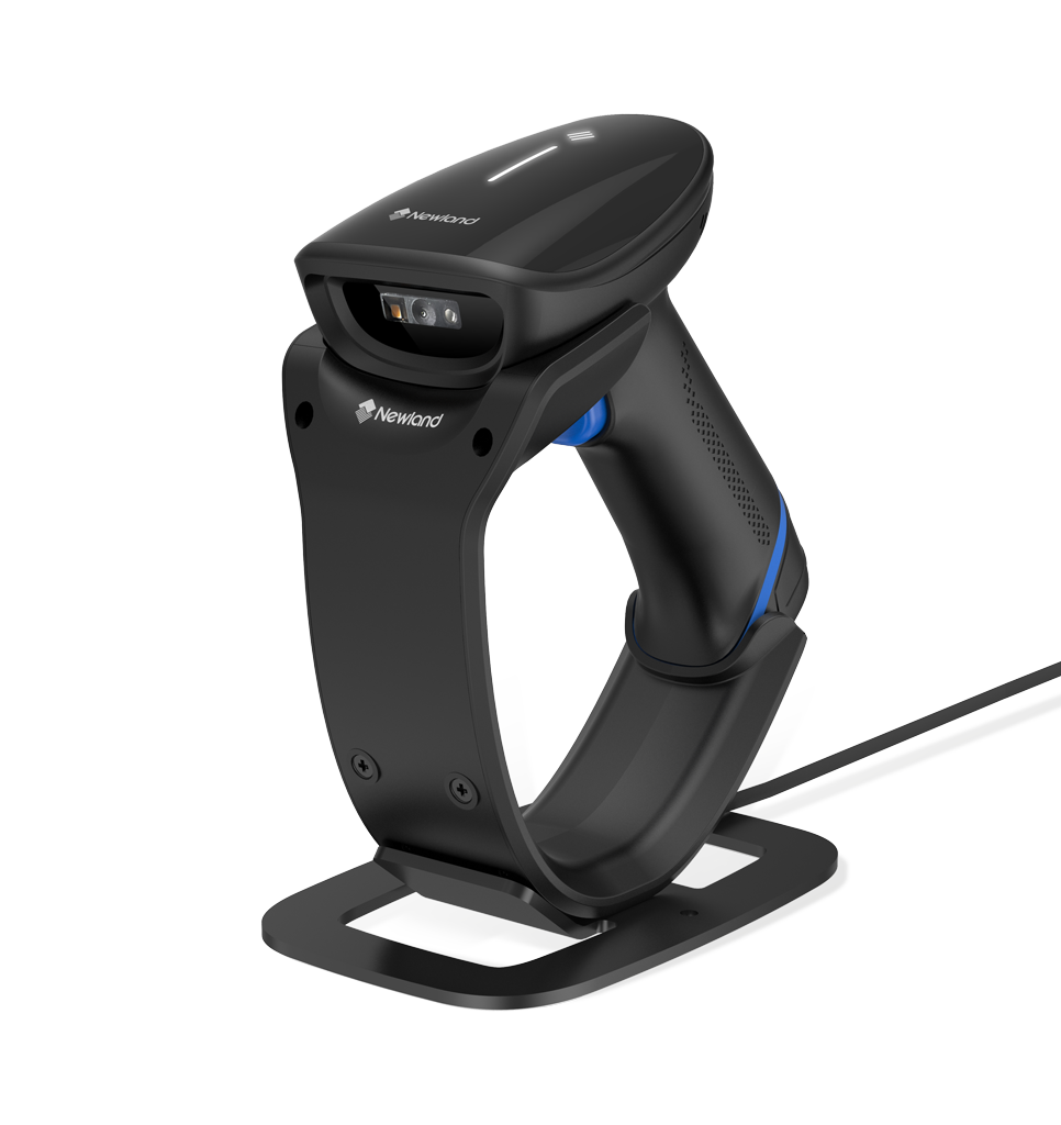 Newland NLS-HR3300-V2-SA, musta HR33 Marlin AI -viivakoodiskanneri säädettävässä Smartstand-jalustassa