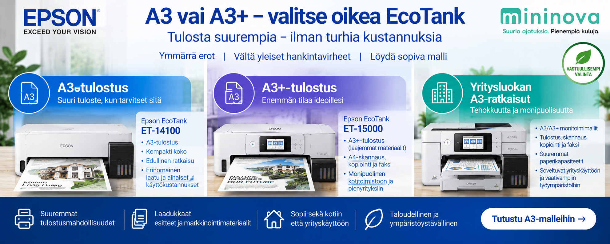 Epson EcoTank A3 ja A3+ -valinta – ET-14100, ET-15000 ja yritysluokan A3-ratkaisut