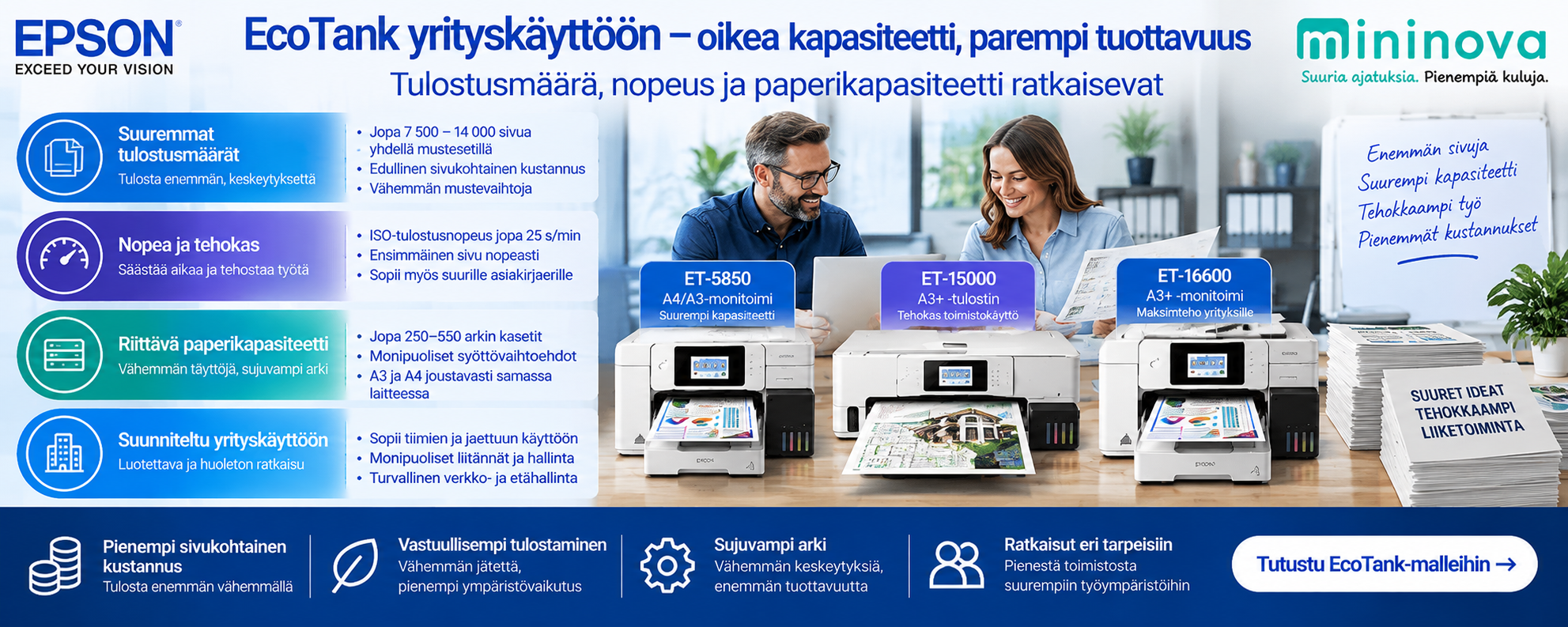 Epson EcoTank yrityskäyttöön – tulostusmäärä, nopeus ja paperikapasiteetti oikean tulostimen valinnassa
