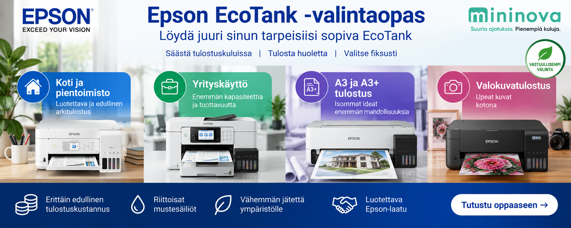 Epson EcoTank -valintaopas – koti ja pientoimisto, yrityskäyttö, A3- ja A3+-tulostus sekä valokuvatulostus
