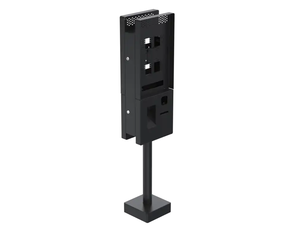 Ergonomic Solutions QSRK27MTD001-02 – kaksipuolinen 27" MicroTouch QSR -kioski skannerilla, musta
