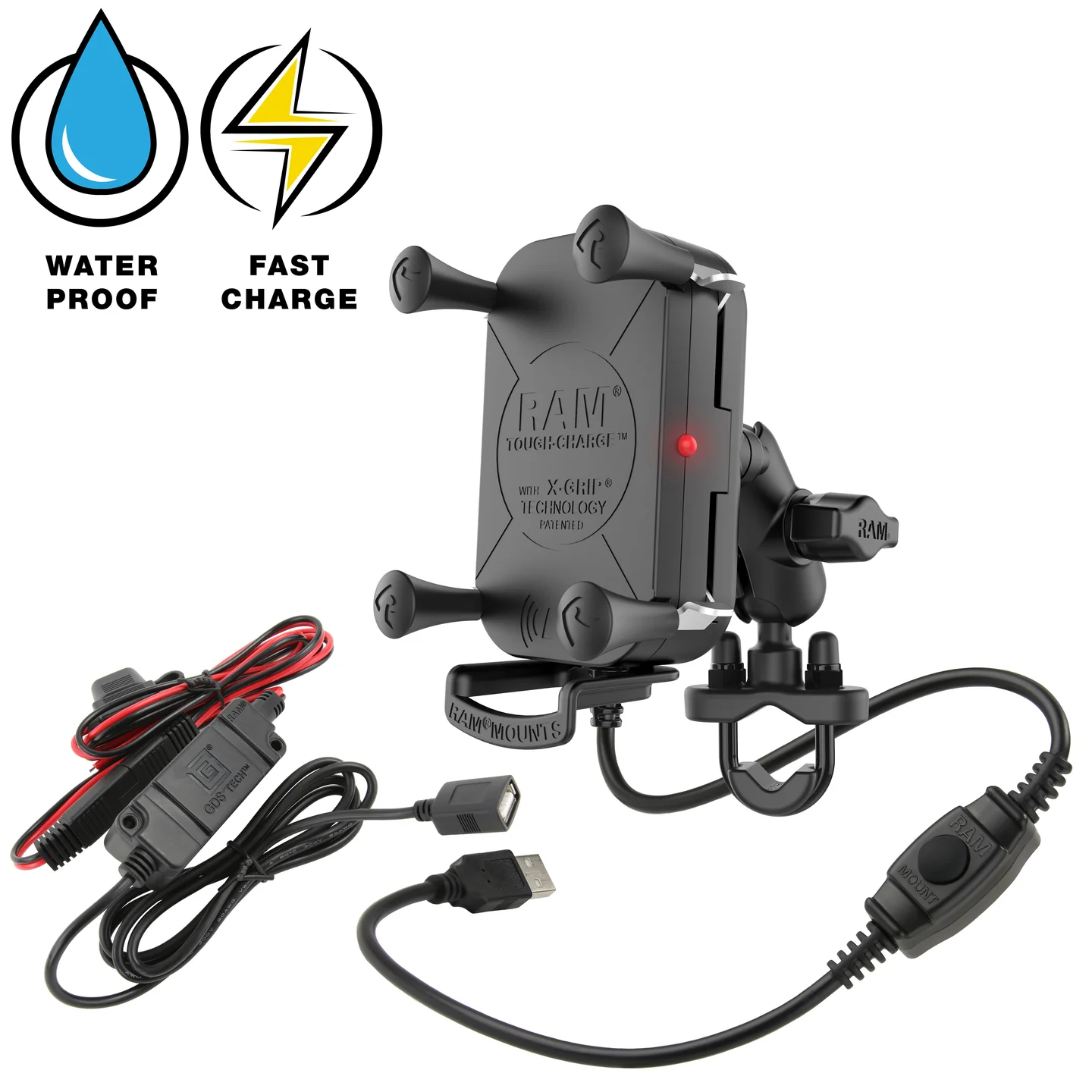 RAM Mount RAM-B-149ZAUN12WV7M1 - Tough-Charge 15 W langaton X-Grip-moottoripyöräteline, U-pulttikiinnitys