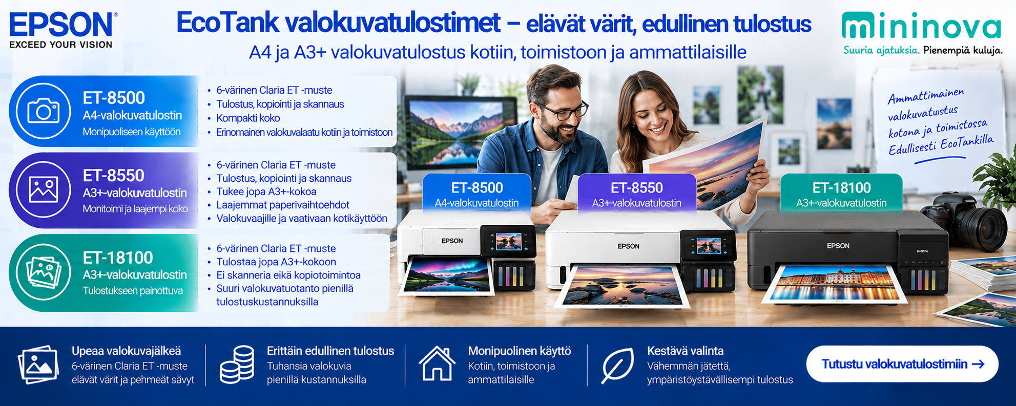 Epson EcoTank valokuvatulostimet – ET-8500 A4, ET-8550 A3+ ja ET-18100 A3+ kuusiväriseen valokuvatulostukseen