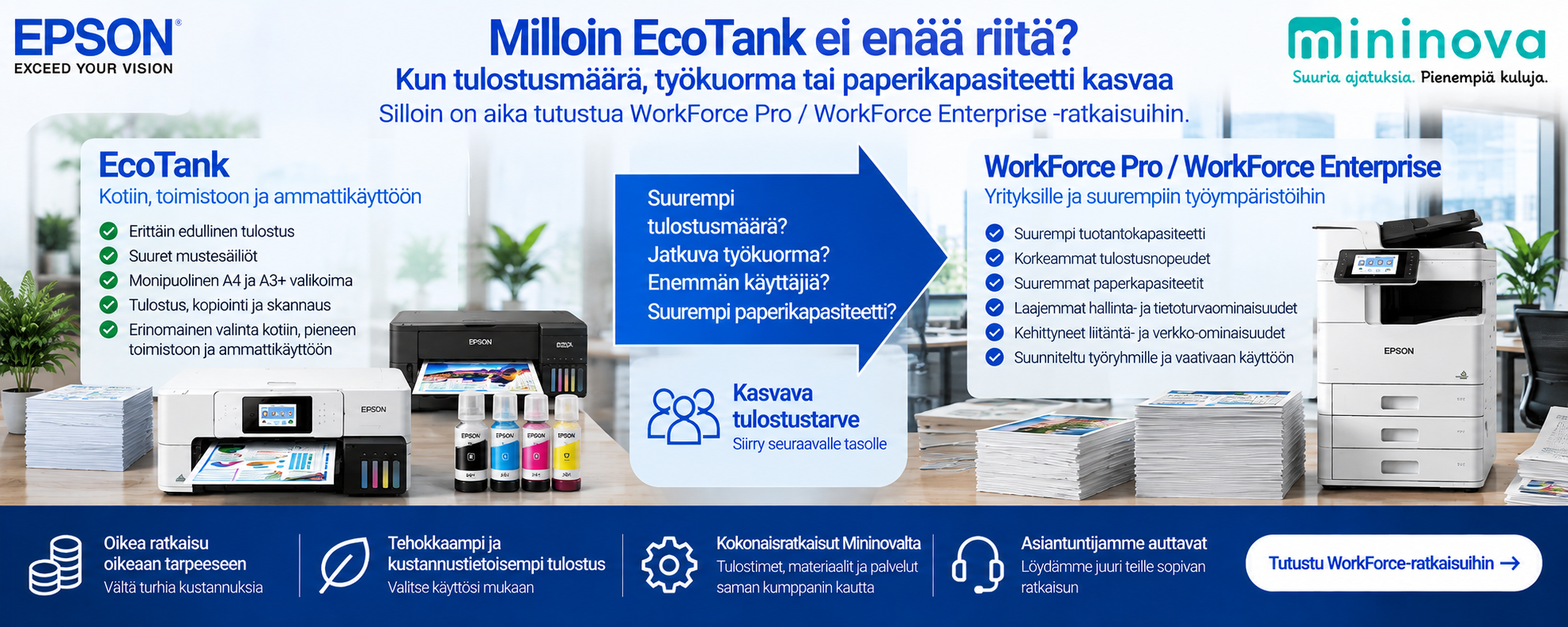 Milloin Epson EcoTank ei enää riitä – siirtyminen WorkForce Pro- ja WorkForce Enterprise -ratkaisuihin tulostustarpeen kasvaessa
