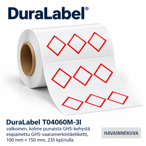 duralabel-t04060m-3i – DuraLabel T04060M-3I valkoinen GHS-etiketti, kolme punaista GHS-kehystä, 100 × 150 mm, 235 etikettiä/rulla – HAVAINNEKUVA