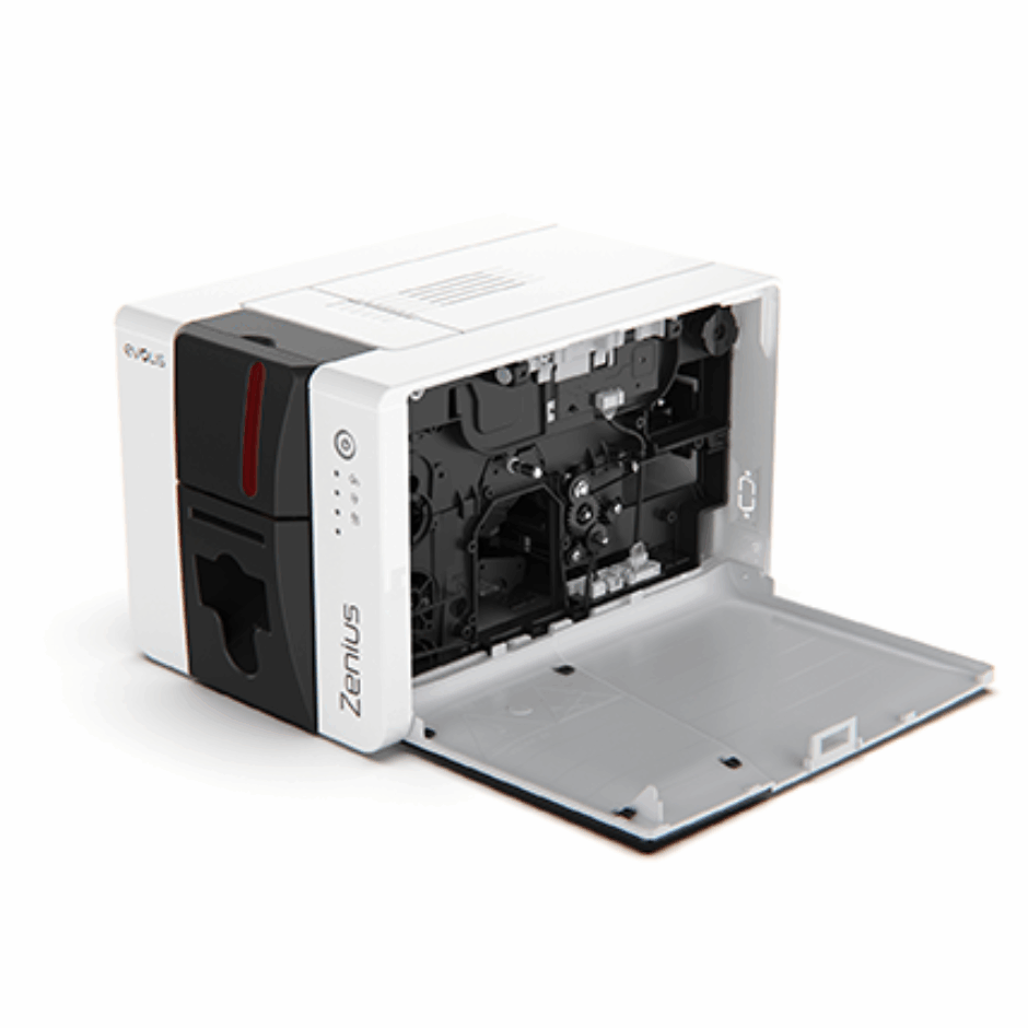 Evolis Zenius 2 -korttitulostin sivulta kansi avattuna