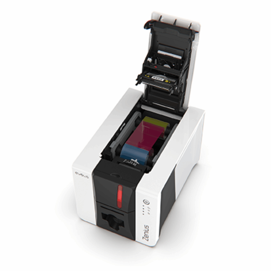 Evolis Zenius 2 -korttitulostimen avattu värinauhakotelo