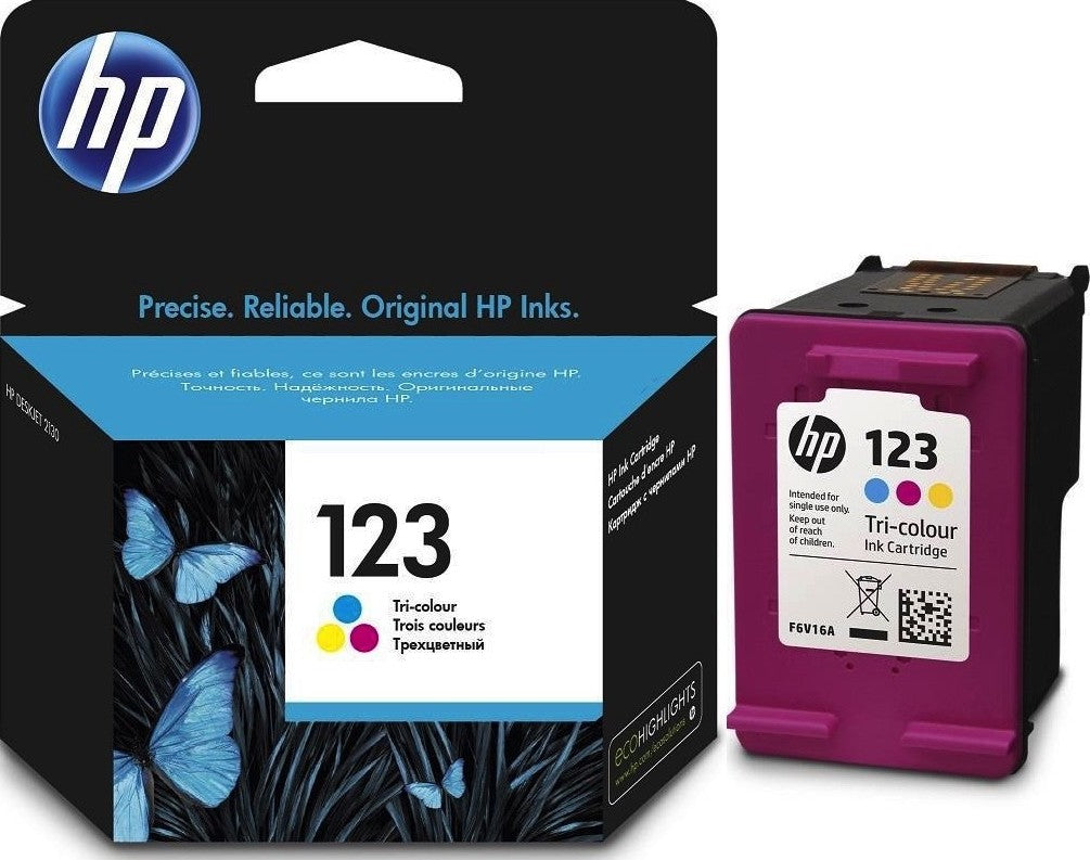 HP F6V16AE 123 kolmivärinen alkuperäinen mustekasetti, syaani magenta keltainen, tuotepakkaus