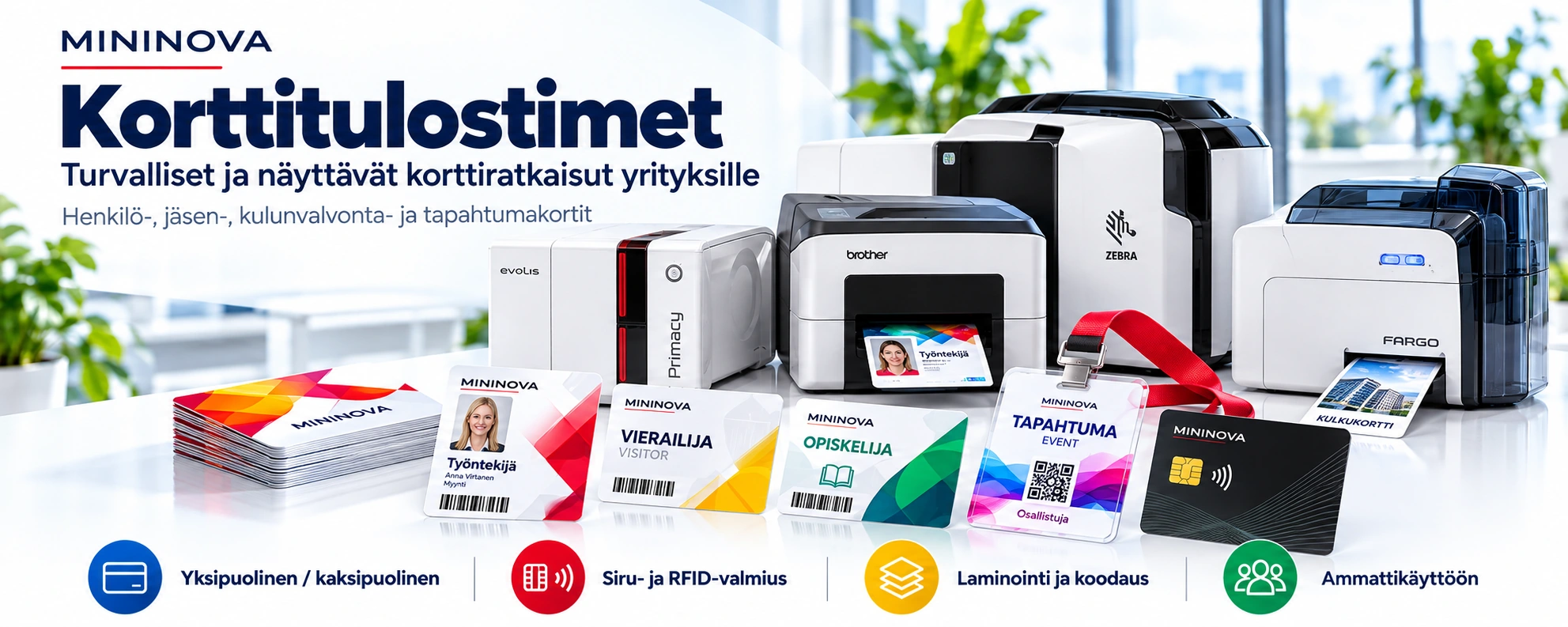 Korttitulostimet ja valmiit henkilökortit, kulkukortit, jäsenkortit ja tapahtumakortit; esimerkkejä korttien tulostuksesta, RFID-koodauksesta ja laminoinnista mallin mukaan.