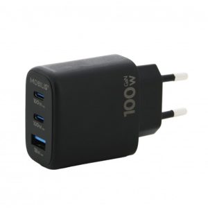 Mobilis Case 020036 Energia 100 W GaN-verkkolaturi, kaksi USB-C-porttia ja USB-A-portti