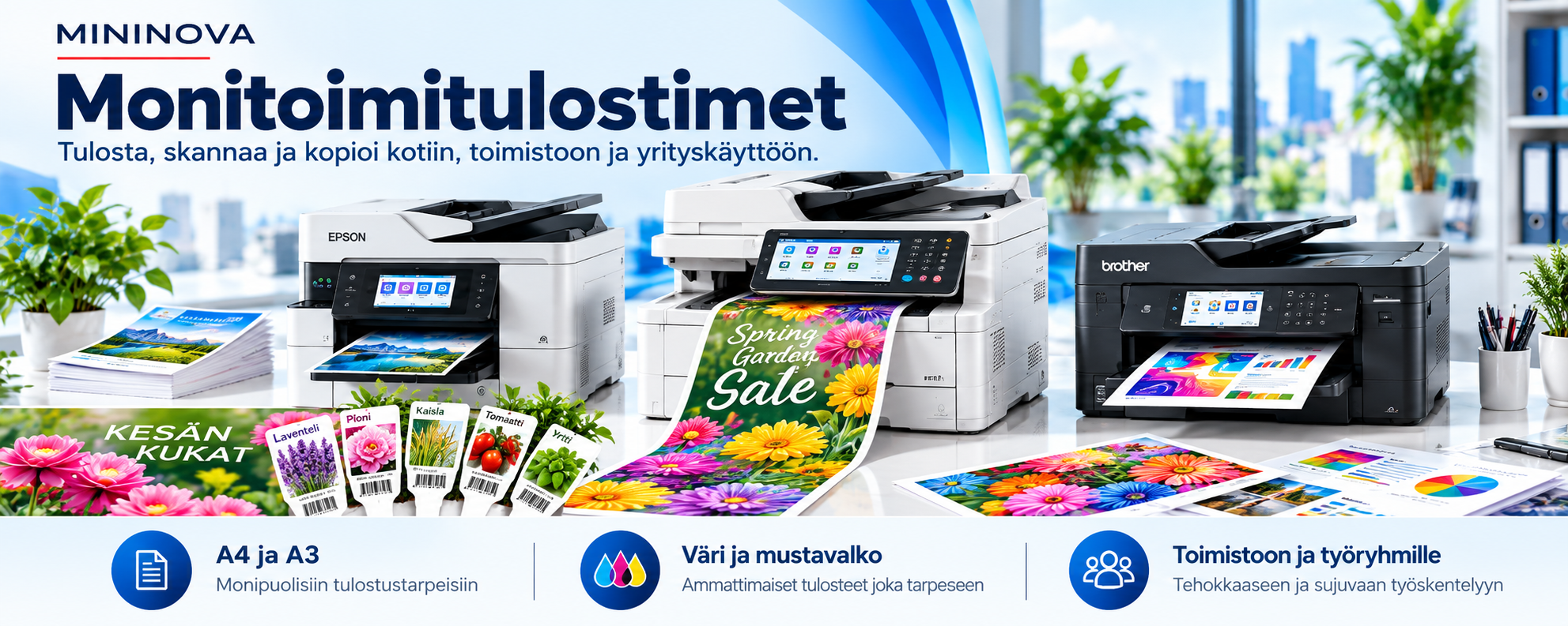 Monitoimitulostimet – Epson, OKI ja Brother | Mininova Monitoimitulostimet Epson, OKI ja Brother – A4- ja A3-tulostus, skannaus, kopiointi sekä värikkäät banderollit ja taimilipukkeet.