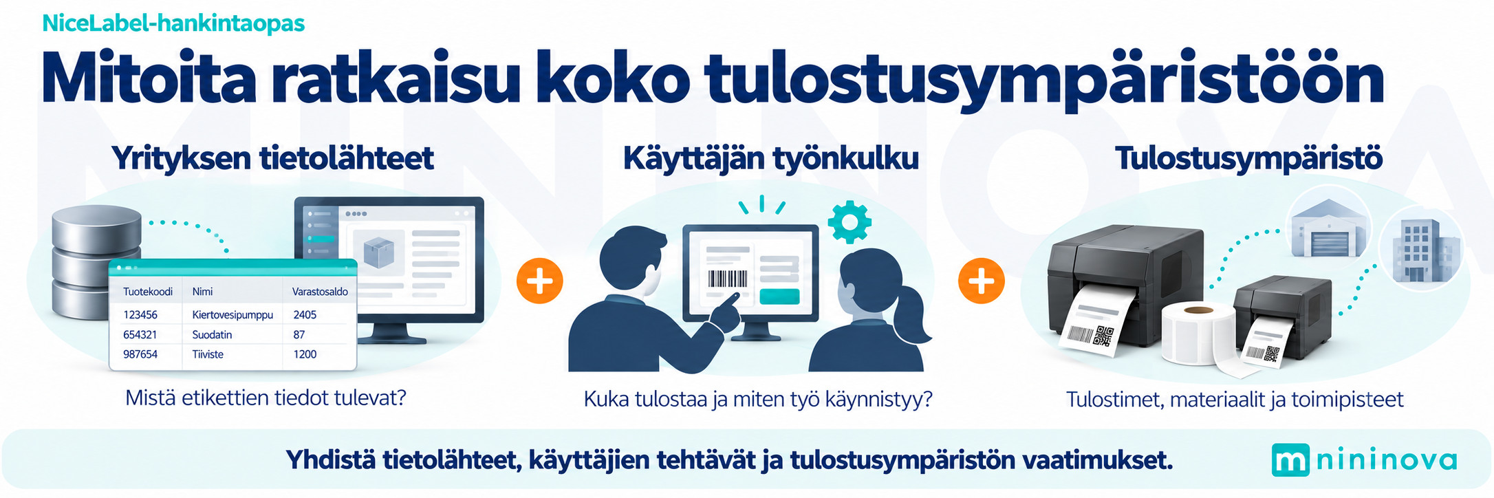 NiceLabel-hankinnan lähtötiedot: yrityksen tietolähteet, käyttäjien työnkulku ja tulostimet.