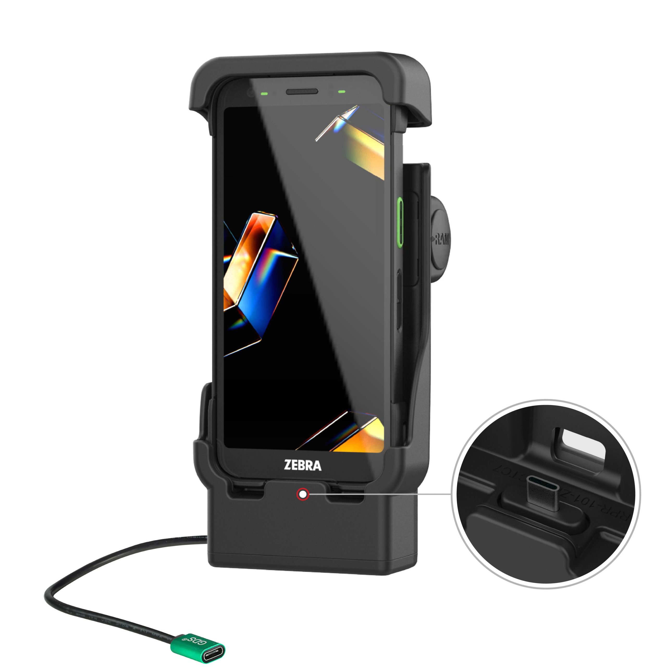 RAM Mount RAM-HOL-ZE41C-1U, USB-C-liitannallinen jousikuormitteinen telakka Zebra TC701 -paatteelle