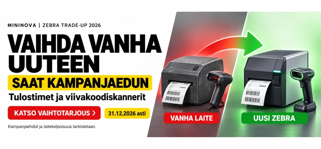 Zebra Trade-Up 2026: vaihda vanha tulostin tai viivakoodiskanneri uuteen kampanjaedulla. Kampanja 31.12.2026 asti. Laitekuvat ovat havainnollistavia.